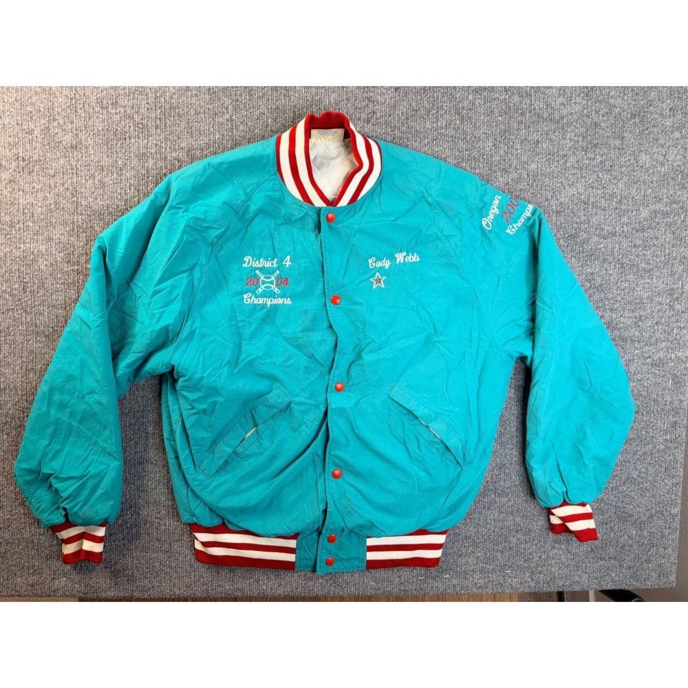 Vintage Jekasa Mens XL Teal Nylon Bomber Jacket 2004 Baseball USA Made Y2K